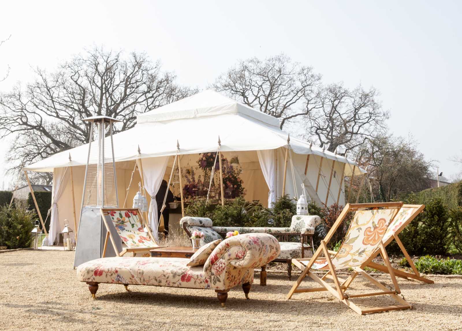 William Morris chaise lounge and deckchairs outside the Lulu tent